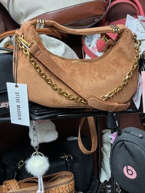 Steve Madden Cognac Suede Shoulder Bag with Gold Chain Accent